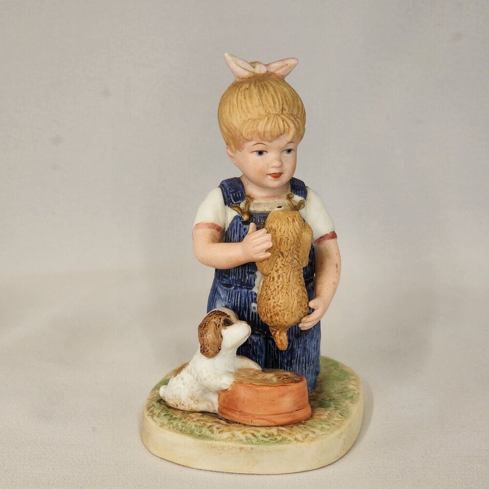 Homco  Denim Days #1503" Puppy Love " 1985 Home Interiors Girl Puppies
